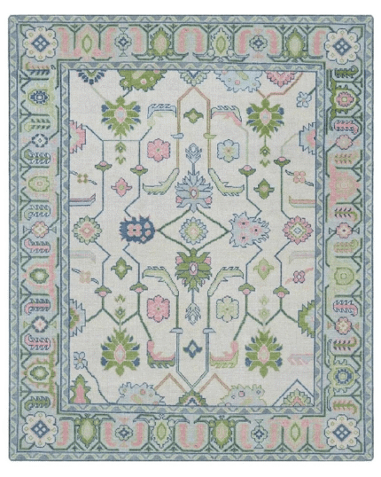 Soft Pastel Hand Knotted Wool Rug – Floral Geometric Oriental Carpet