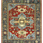 Rust Red & Navy Floral Oriental Rug – Traditional Hand Knotted Carpet for Living Room