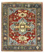 Rust Red & Navy Floral Oriental Rug – Traditional Hand Knotted Carpet for Living Room