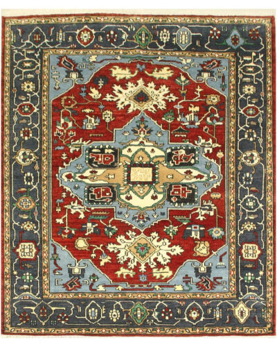 Rust Red & Navy Floral Oriental Rug – Traditional Hand Knotted Carpet for Living Room