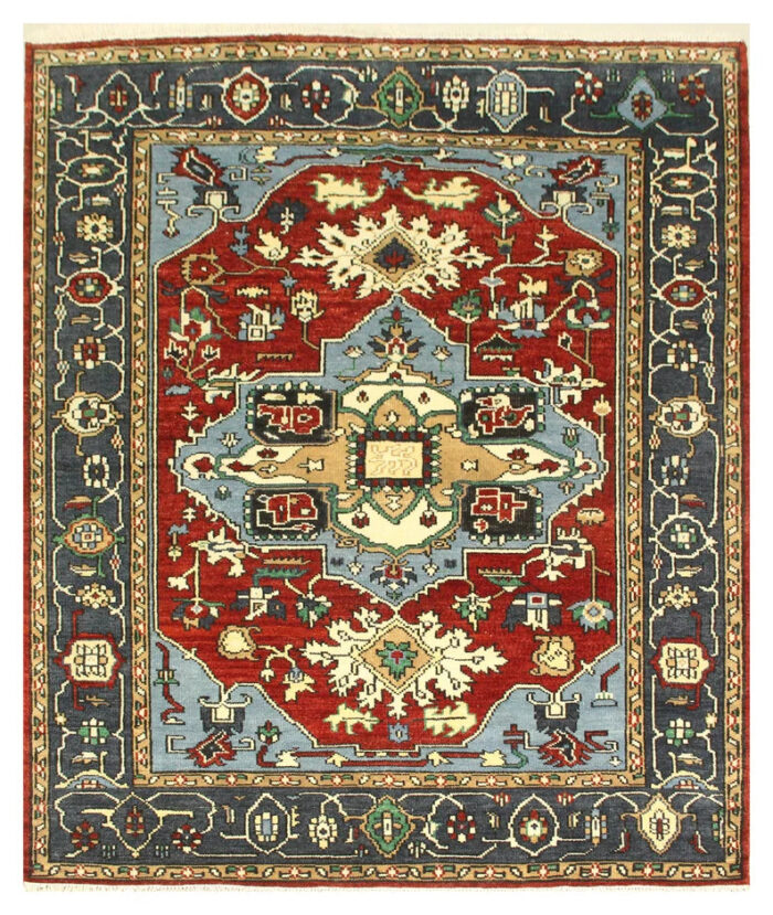 red Hand Knotted rugs Rust Red & Navy Floral Oriental Rug – Traditional Hand Knotted Carpet for Living Room