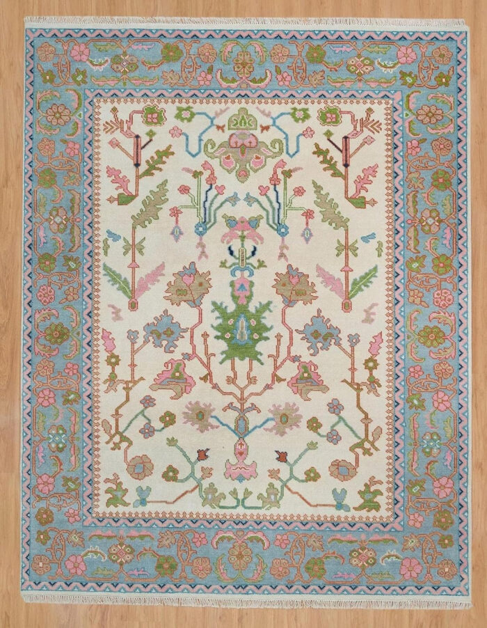 Ivory & Pastel Blue Oushak Hand Knotted Wool Rug Ivory & Pastel Blue Oushak Hand Knotted Wool Rug