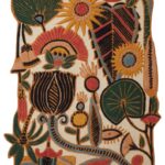 Hand tufted tropical botanical wool rug with jungle flowers, sunbursts, and bold leaves in yellow, red, green, and blue