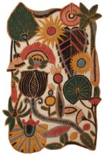 Hand tufted tropical botanical wool rug with jungle flowers, sunbursts, and bold leaves in yellow, red, green, and blue
