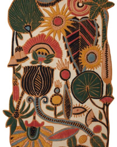 Hand tufted tropical botanical wool rug with jungle flowers, sunbursts, and bold leaves in yellow, red, green, and blue