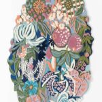 Hand tufted irregular botanical rug with pomegranates, berries, citrus blooms, and floral motifs in multicolor wool