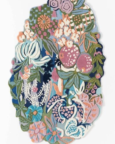 Hand tufted irregular botanical rug with pomegranates, berries, citrus blooms, and floral motifs in multicolor wool