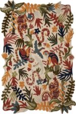 Hand tufted jungle theme rug with tigers, monkeys, tropical birds, snakes, and rainforest foliage in vivid colors