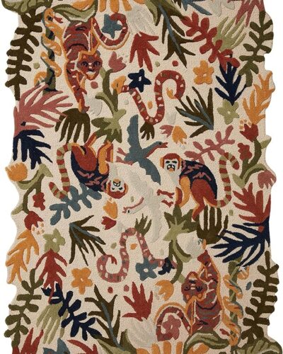 Hand tufted jungle theme rug with tigers, monkeys, tropical birds, snakes, and rainforest foliage in vivid colors