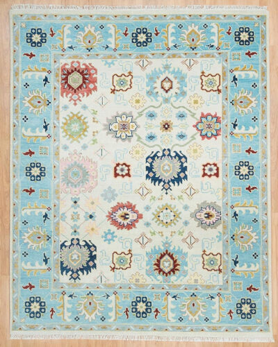 Sky Blue & Multicolor Oushak Hand Knotted Wool Rug