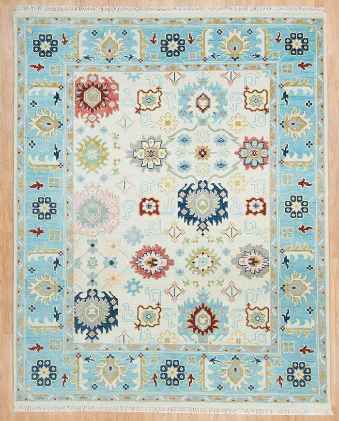 Sky Blue & Multicolor Oushak Hand Knotted Wool Rug Sky Blue & Multicolor Oushak Hand Knotted Wool Rug
