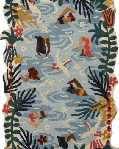Hand tufted wool rug with tropical poolside design featuring swimmers, birds, waves, and vibrant leafy borders