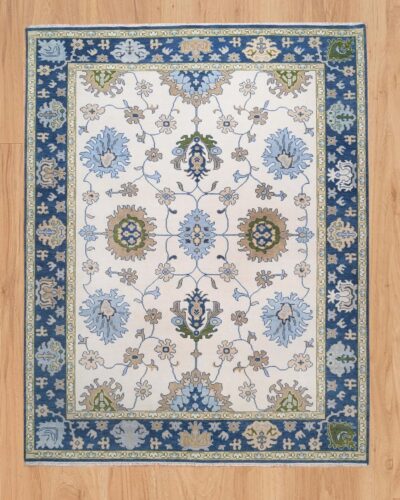 Ivory & Blue Floral Hand Knotted Wool Rug