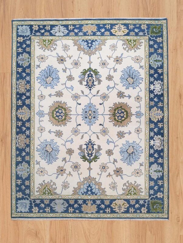 Ivory & Blue Floral Hand Knotted Wool Rug