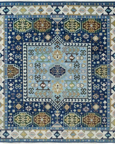 Blue Caucasian Medallion Hand Knotted Wool Rug