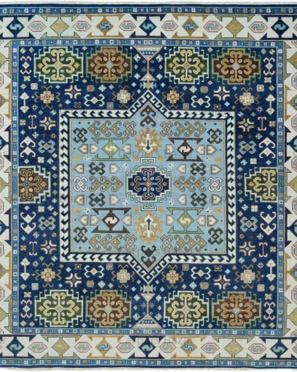 Blue Caucasian Medallion Hand Knotted Wool Rug