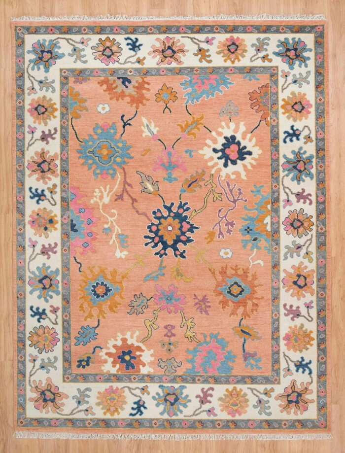 Peach Floral Artistic Hand Knotted Wool Rug Peach Floral Artistic Hand Knotted Wool Rug