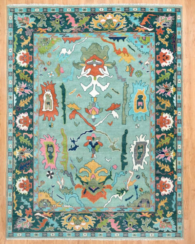 Aqua Tribal Artistic Hand Knotted Wool Rug – Eclectic Multicolor Design