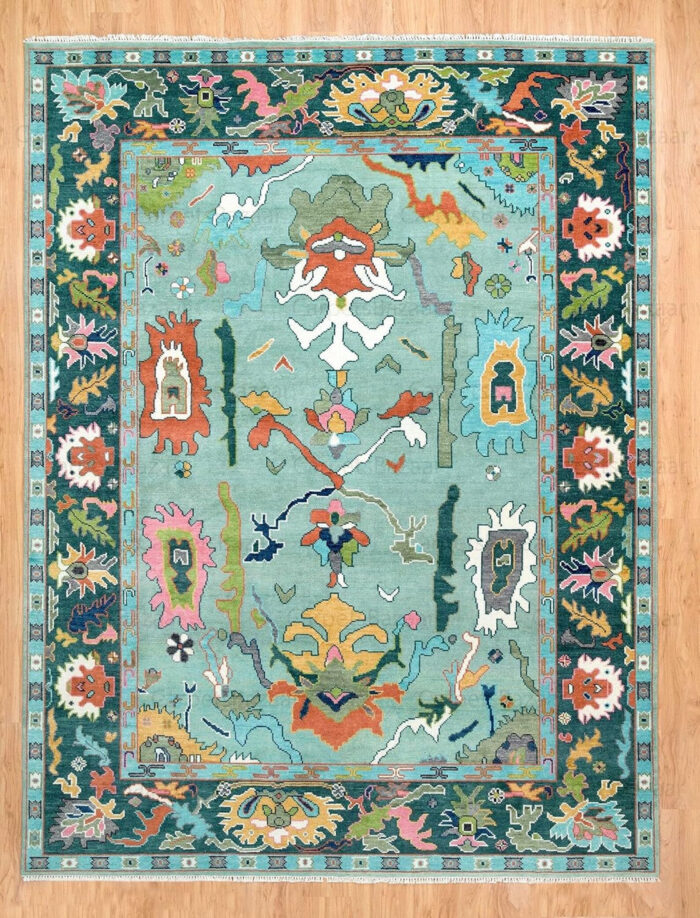 Aqua Tribal Artistic Hand Knotted Wool Rug – Eclectic Multicolor Design Aqua Tribal Artistic Hand Knotted Wool Rug – Eclectic Multicolor Design