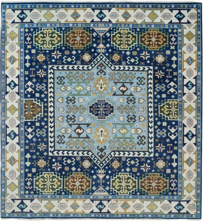 Hand Knotted Blue Caucasian Medallion Hand Knotted Wool Rug