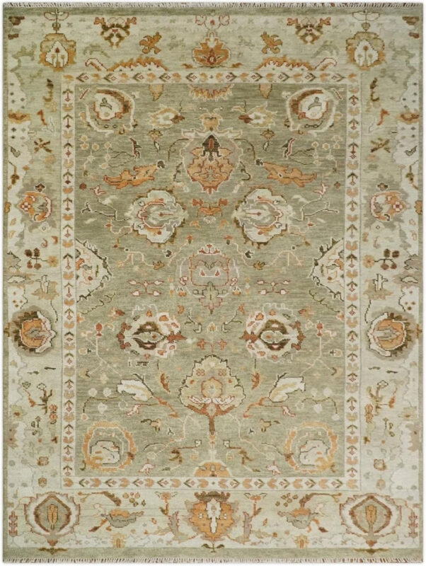 Sage Green Oushak Hand Knotted Wool Rug