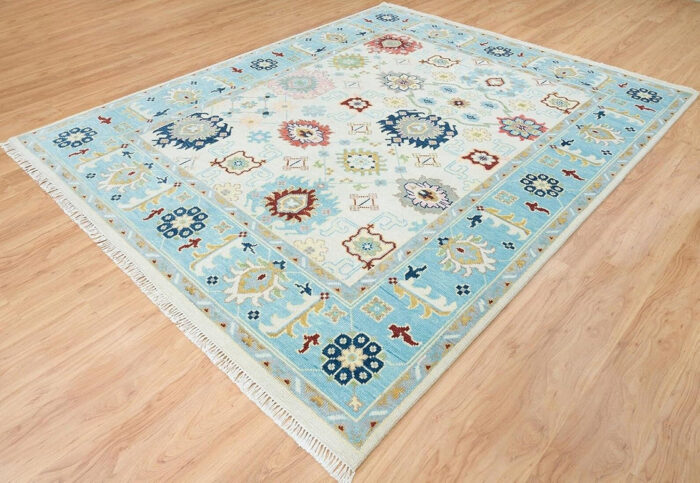 Sky Blue & Multicolor Oushak Hand Knotted Wool Rug Sky Blue & Multicolor Oushak Hand Knotted Wool Rug