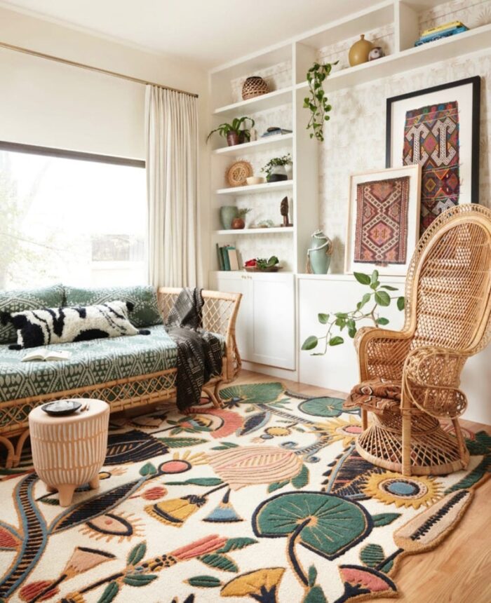 Tropical Botanical Wool Rug with Vibrant Jungle Florals Hand tufted tropical botanical wool rug with jungle flowers, sunbursts, and bold leaves in yellow, red, green, and blue