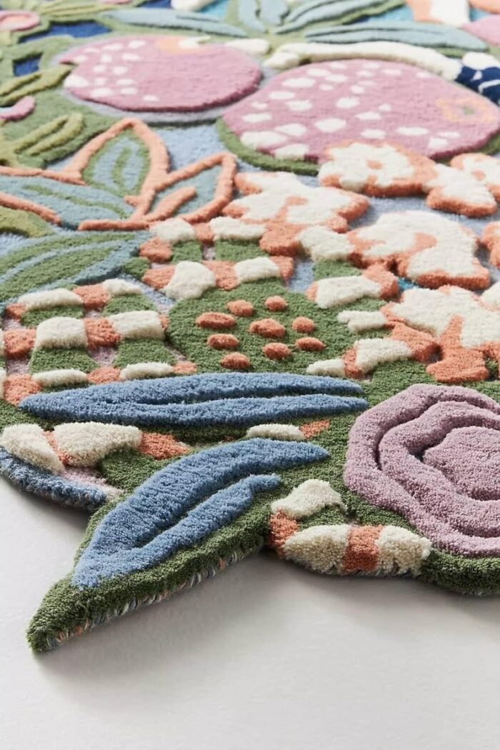 Tropical Garden Floral Rug with Citrus, Berries & Boho Botanical Art Hand tufted irregular botanical rug with pomegranates, berries, citrus blooms, and floral motifs in multicolor wool
