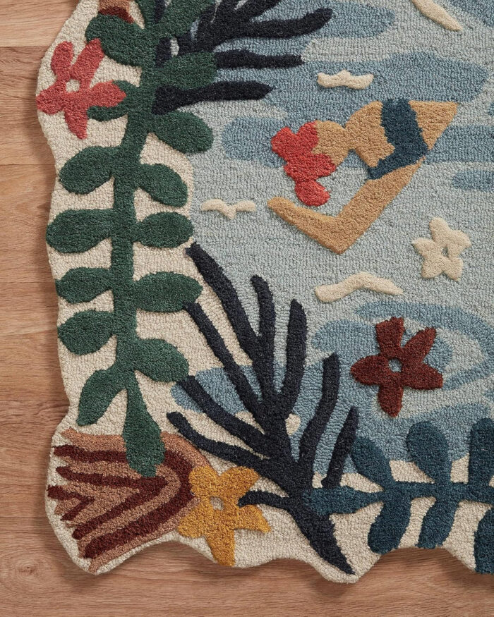 Tropical Poolside Wool Rug with Swimmers, Birds, Waves & Hand Tufted Design Hand tufted wool rug with tropical poolside design featuring swimmers, birds, waves, and vibrant leafy borders