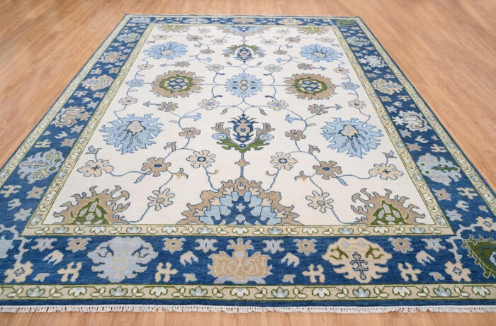 Ivory & Blue Floral Hand Knotted Wool Rug Ivory & Blue Floral Hand Knotted Wool Rug