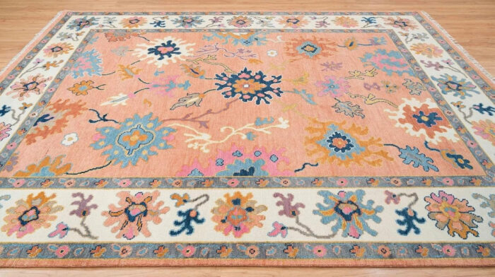 Peach Floral Artistic Hand Knotted Wool Rug Peach Floral Artistic Hand Knotted Wool Rug