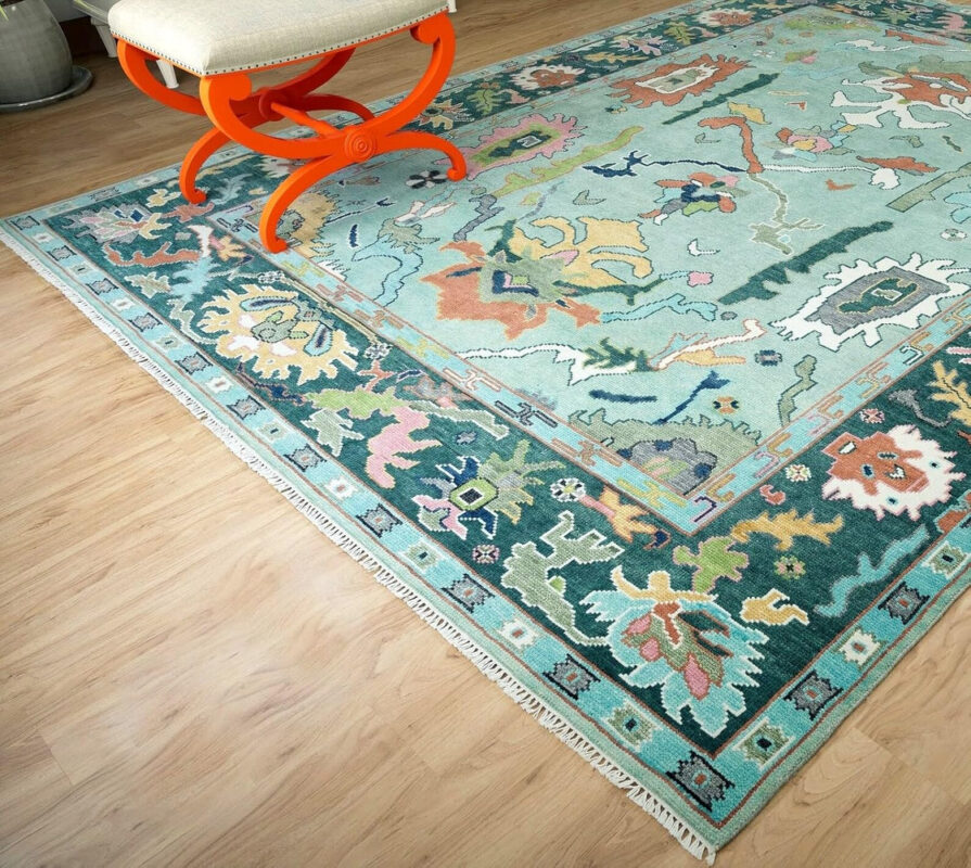 Aqua Tribal Artistic Hand Knotted Wool Rug – Eclectic Multicolor Design