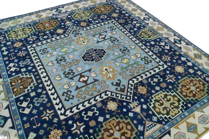 Hand Knotted Blue Caucasian Medallion Hand Knotted Wool Rug