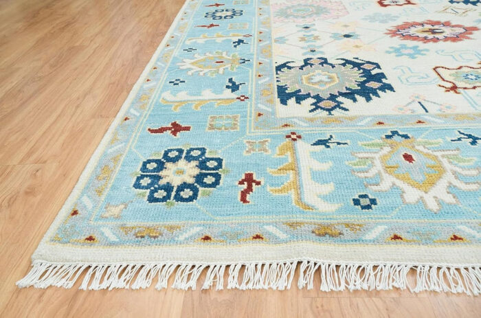 Sky Blue & Multicolor Oushak Hand Knotted Wool Rug Sky Blue & Multicolor Oushak Hand Knotted Wool Rug