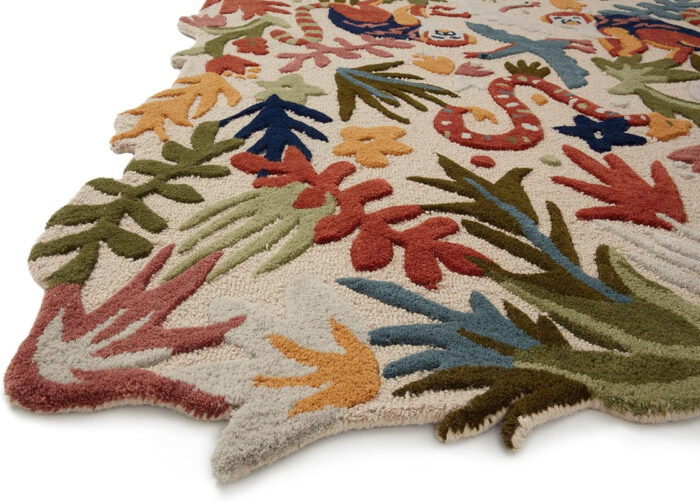 Wild Jungle Safari Rug with Monkeys, Tigers, Birds & Hand Tufted Wool Design Hand tufted jungle theme rug with tigers, monkeys, tropical birds, snakes, and rainforest foliage in vivid colors