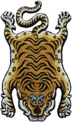 Tiger shaped rug with Tibetan art style and bold black stripes on golden brown wool