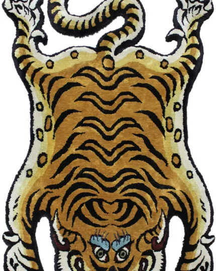 Tiger shaped rug with Tibetan art style and bold black stripes on golden brown wool
