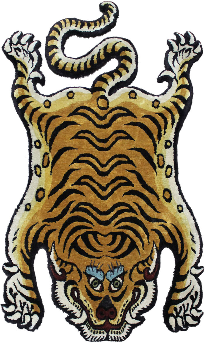 Tiger Shaped Rug – Tibetan Style Hand Tufted Carpet Tiger shaped rug with Tibetan art style and bold black stripes on golden brown wool