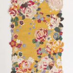 Yellow hand tufted floral rug with multicolored 3D blooming flowers and scalloped edges