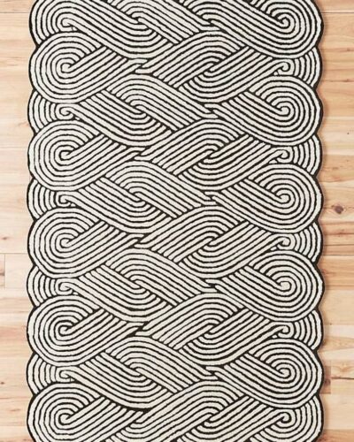 Black and white braided pattern rug with minimalist design – hand tufted wool carpet