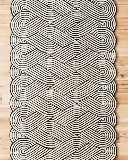 Black and white braided pattern rug with minimalist design – hand tufted wool carpet