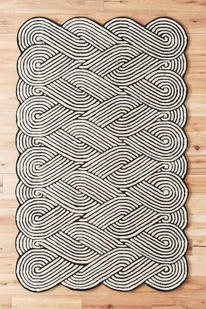 Minimalist Braided Pattern Rug – Hand Tufted Black and White Carpet Black and white braided pattern rug with minimalist design – hand tufted wool carpet
