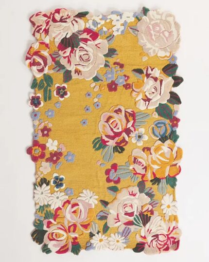 Yellow hand tufted floral rug with multicolored 3D blooming flowers and scalloped edges