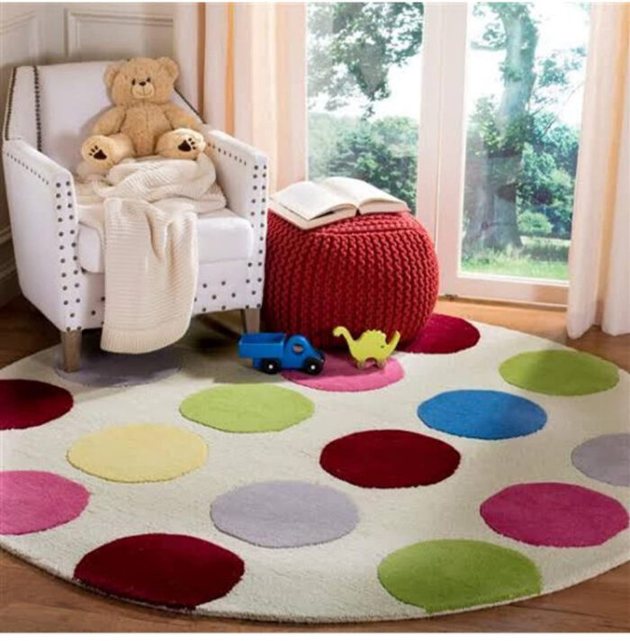 Colorful Polka Dot Kids Round Rug Colorful polka dot round kids rug for nursery and playroom decor
