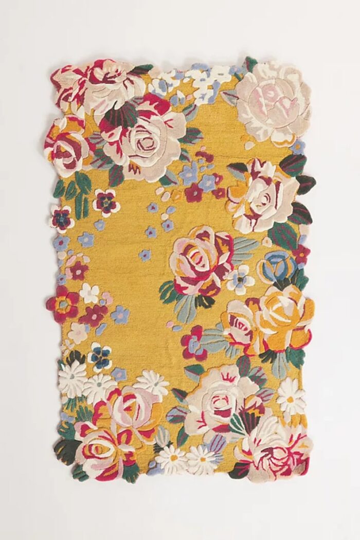 Yellow Floral Artistic Rug – Hand Tufted with 3D Flower Edge Yellow hand tufted floral rug with multicolored 3D blooming flowers and scalloped edges