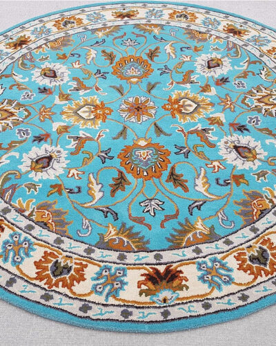 Turquoise Floral Oriental Round Rug