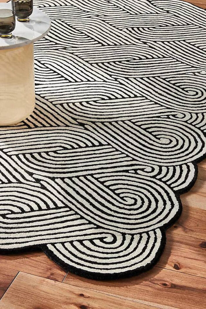 Minimalist Braided Pattern Rug – Hand Tufted Black and White Carpet Black and white braided pattern rug with minimalist design – hand tufted wool carpet