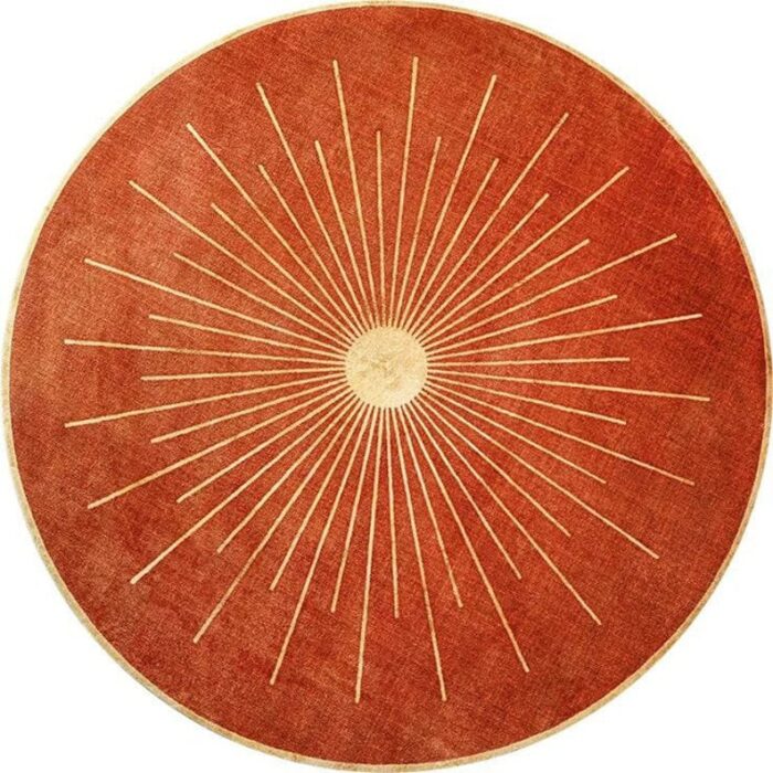 sunburst rug, round wool carpet, artistic modern rug, statement floor rug, rust round carpet