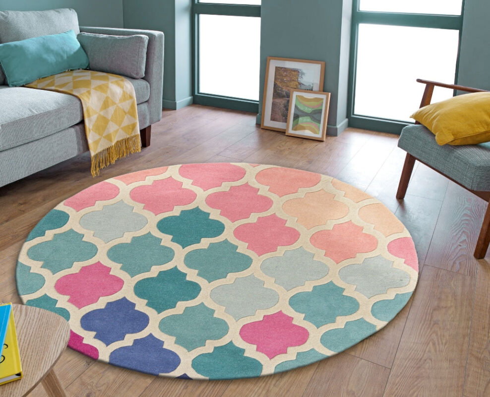 Round Pastel Moroccan Trellis Rug