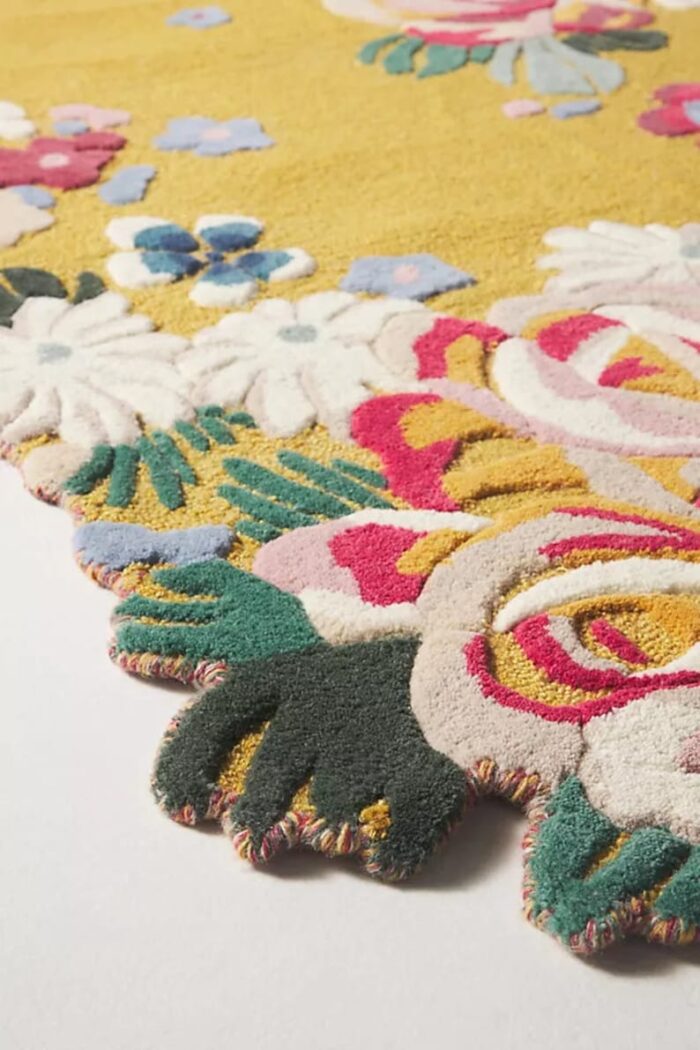 Yellow Floral Artistic Rug – Hand Tufted with 3D Flower Edge Yellow hand tufted floral rug with multicolored 3D blooming flowers and scalloped edges